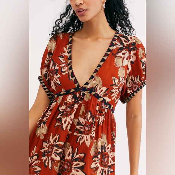 Free People Burnt Orange Black On The Edge Floral Romper - Picture 2 of 7